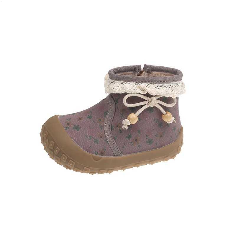 Winter Autumn Girls High-top Boots Little Princess Fashion Floral Print Leather Boots Baby Soft Warm Suede Short Boots X260917
