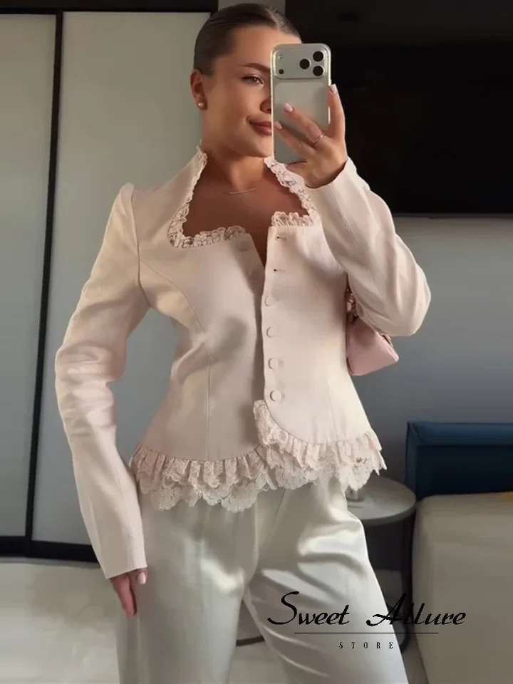 Women's Elegant Lace Patchwork Top U Neck Single Breasted Female Blouse 2026 Autumn Chic Slim Fit Full Sleeve Lady Outwear 260917