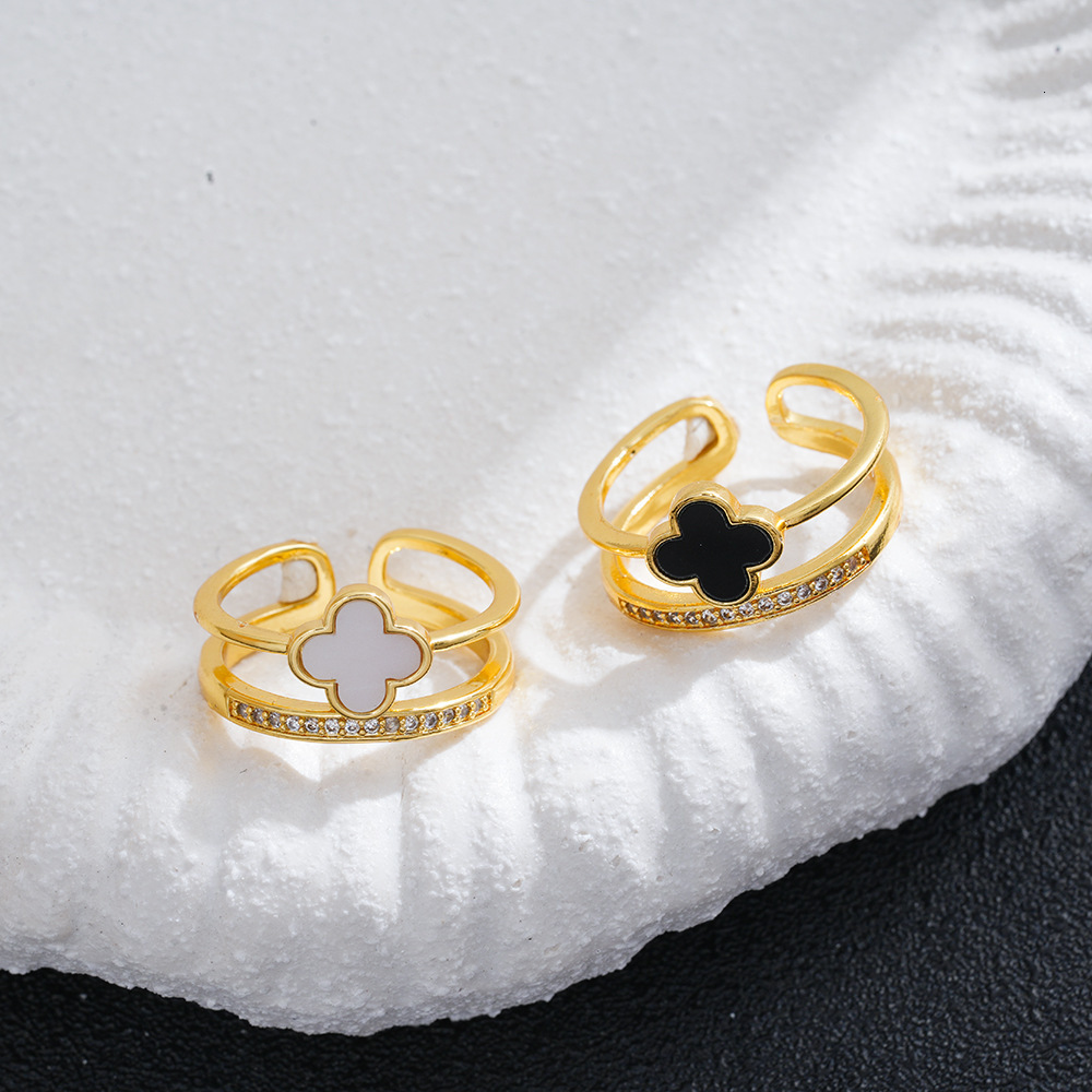 Japanese Korean-style, affordable luxury four-leaf ring, adjustable, featuring a lucky clover flower design, versatile and stylish jewelry for women