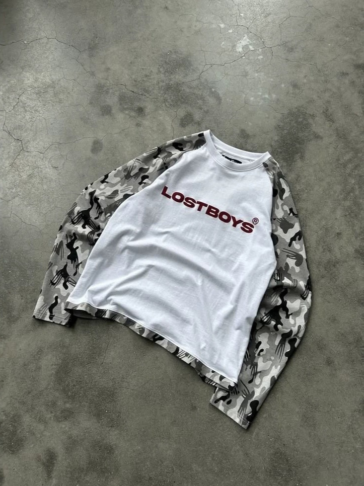 Cross-border American-style long-sleeve shirt, unisex, with patchwork camouflage print and lettering, loose fit, round neck, basic undershirt 2b