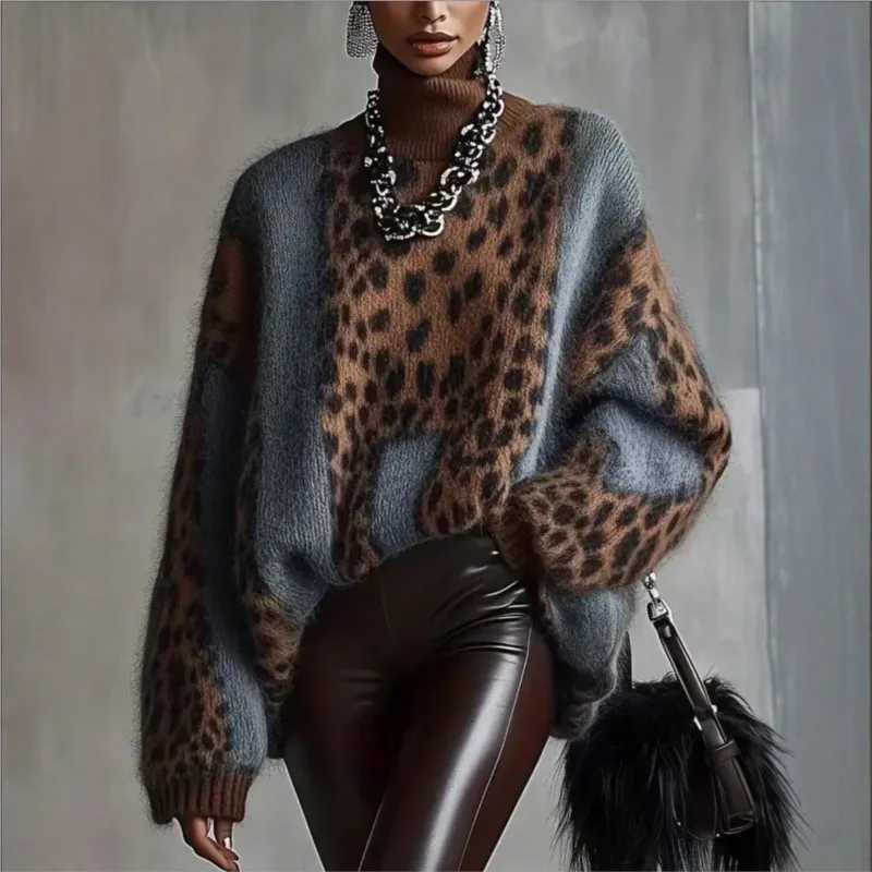 Print Women's Casual Leopard Knit Sweater Women's Autumn and Winter Thick Loose Retro Top Women J260916