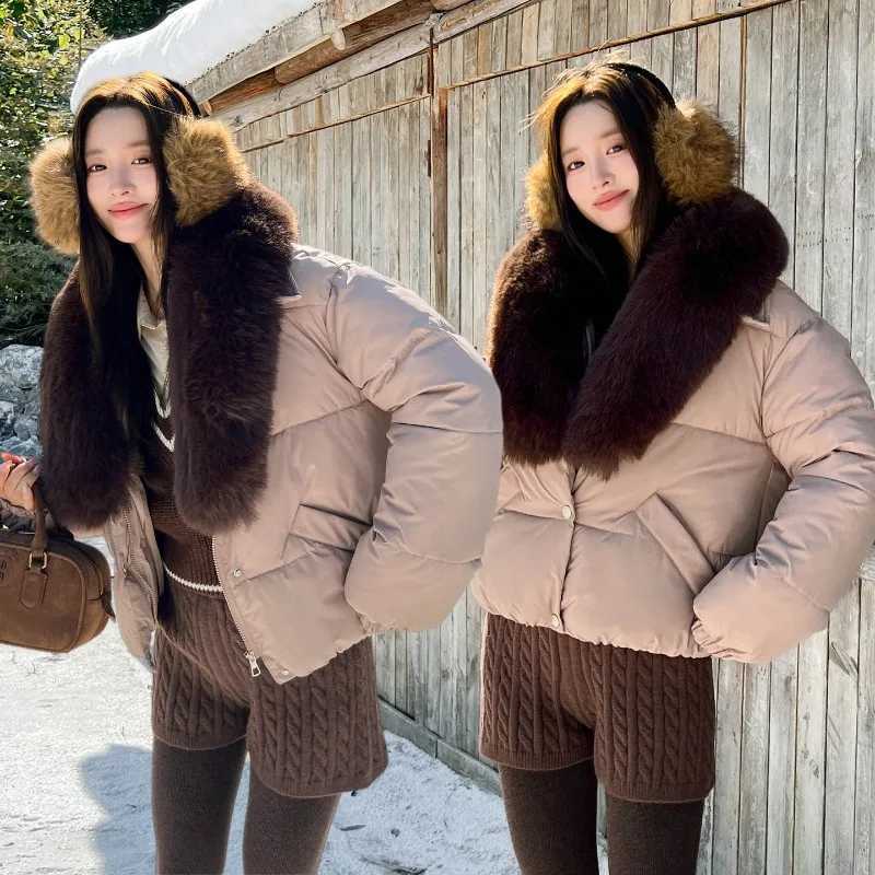 Big Faux Fur Collar Women Parkas Winter Down Jackets Loose Pockets Zipper Stylish Daily Wear Korean Style Casual Outer Garment H2609171