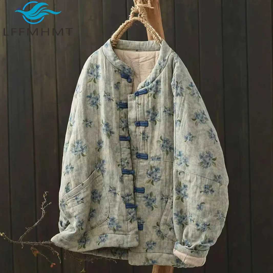 Women Winter Vintage Flower Print Cotton Parkas Good Quality Chinse Style Long Sleeve Thicken Warm Quited Jacket Female Coats H260917