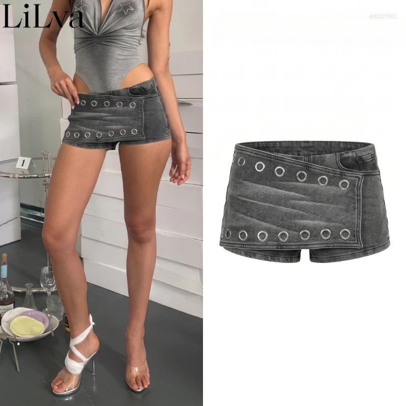 American High Street Fashion Punk Belt Visual Dislocation Jeans Women Summer Girl Designer Slim Fit Bodycon Shorts Woman