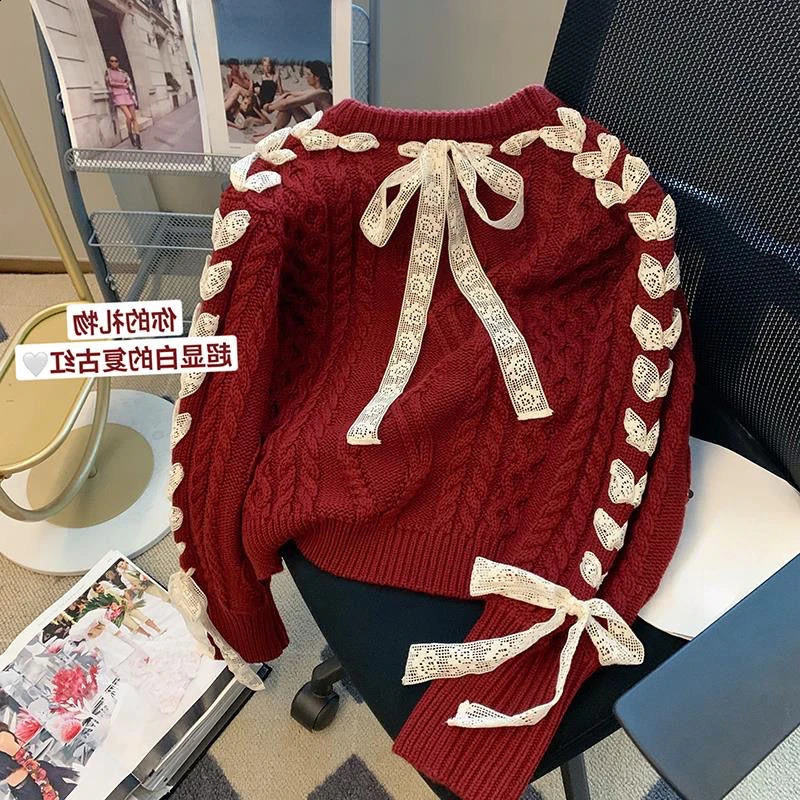 Autumn Winter Pullovers for Women Long Sleeve Bow Lace Up n Casual Loose Knit Sweaters Fashion Elegant Sweet Clothing 260918