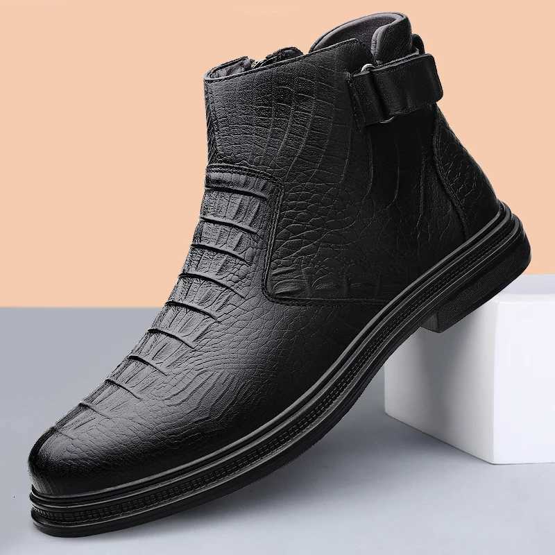 Winter Men's Genuine LeatherWarm Cotton Zipper Snow Ankle Boots Outdoor High Top Comfortable Warm Business Casual Shoes for Men Q260916