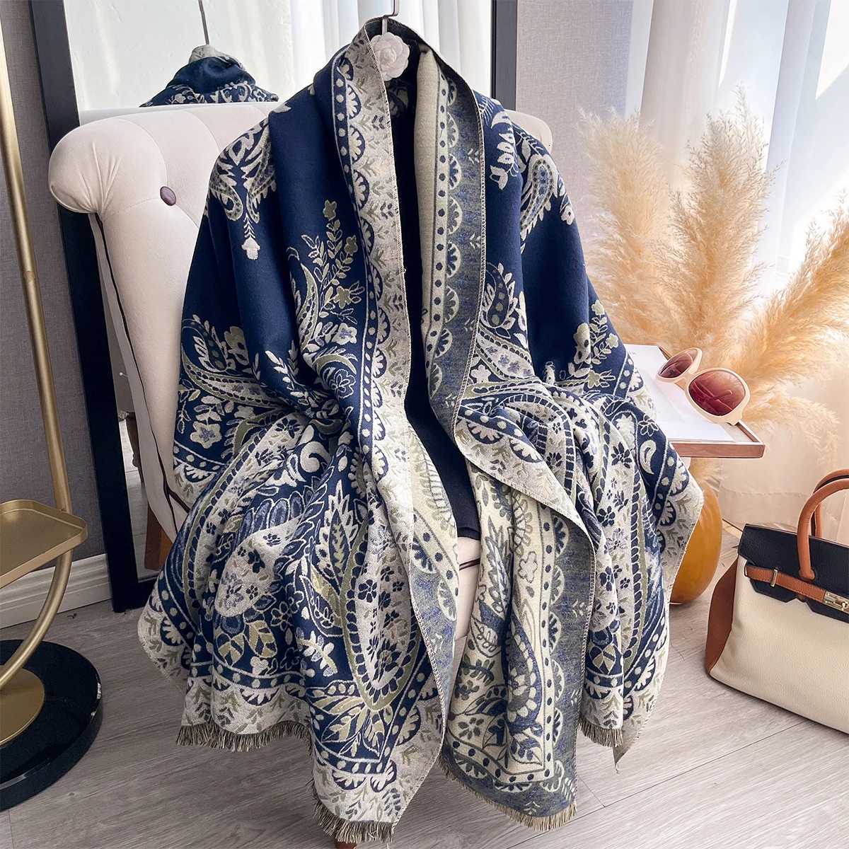 2025 New Women's Faux Cashmere Double-Sided Print Scarf Soft Cozy Pashmina Shawl Autumn Winter Cold-Resistant Windproof Blanket X260917