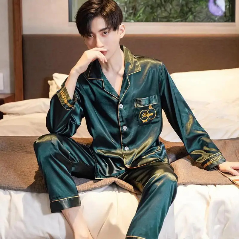 Casual Sleep Set Embroidery Men Pajamas Set Satin Lapel Sleepwear Loose Big Size 2PCS Shirt Pant Long Sleeve Collar Home Clothes 260917