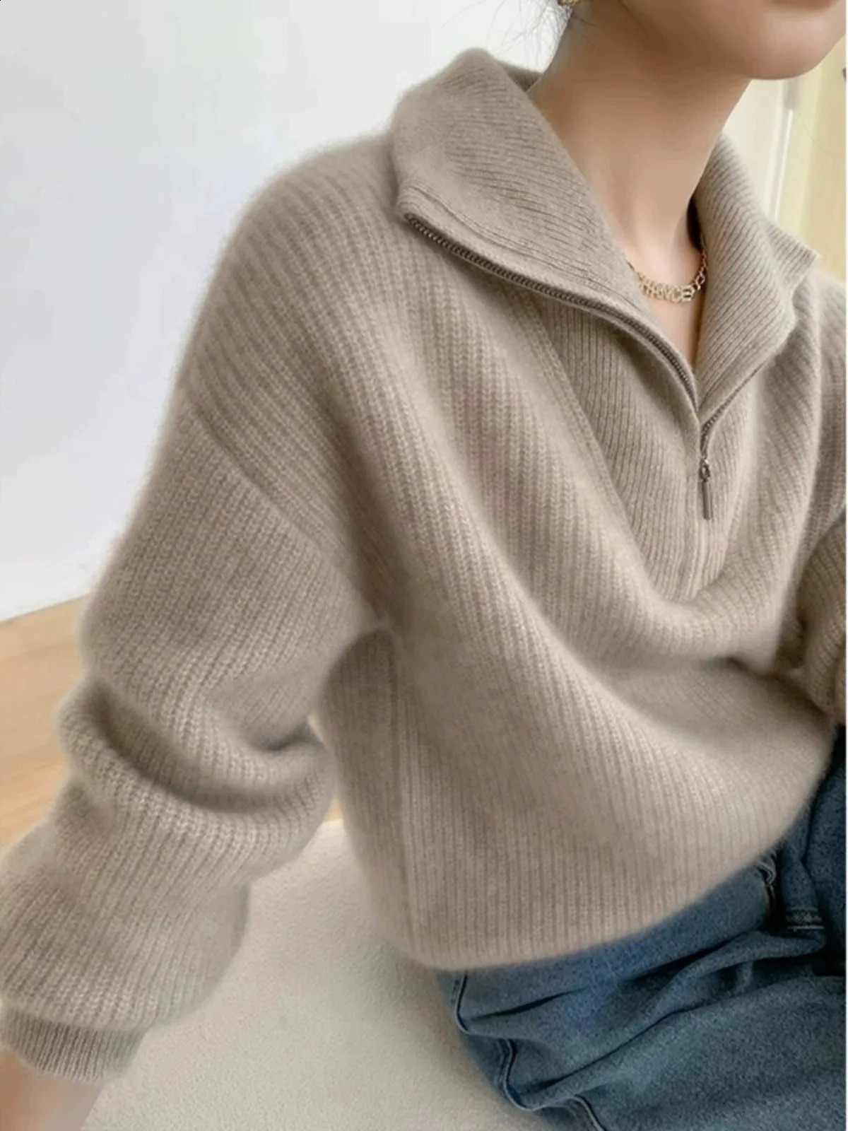 Large lapel thick cashmere sweater women's 100 pure wool zipper sweater pullover lazy loose knit base top 260917