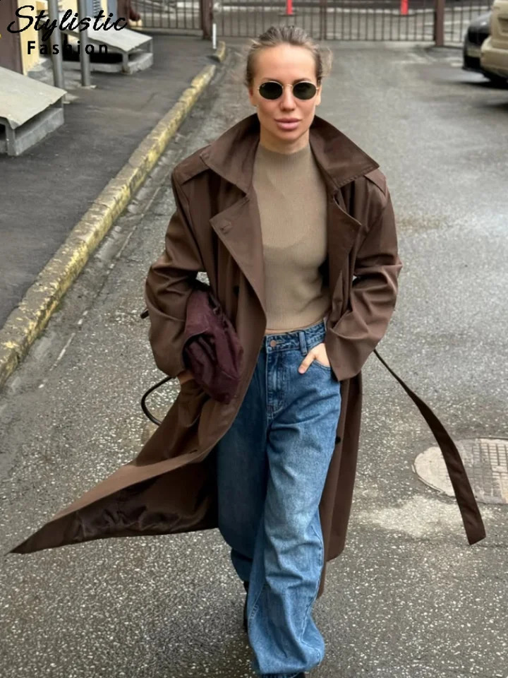 High Street Belted Trench Coats Women Autumn Winter Loose Lapel Lace-up Button Full Sleeve Windbreakers 2026 Chic Ladies Outwear 260917