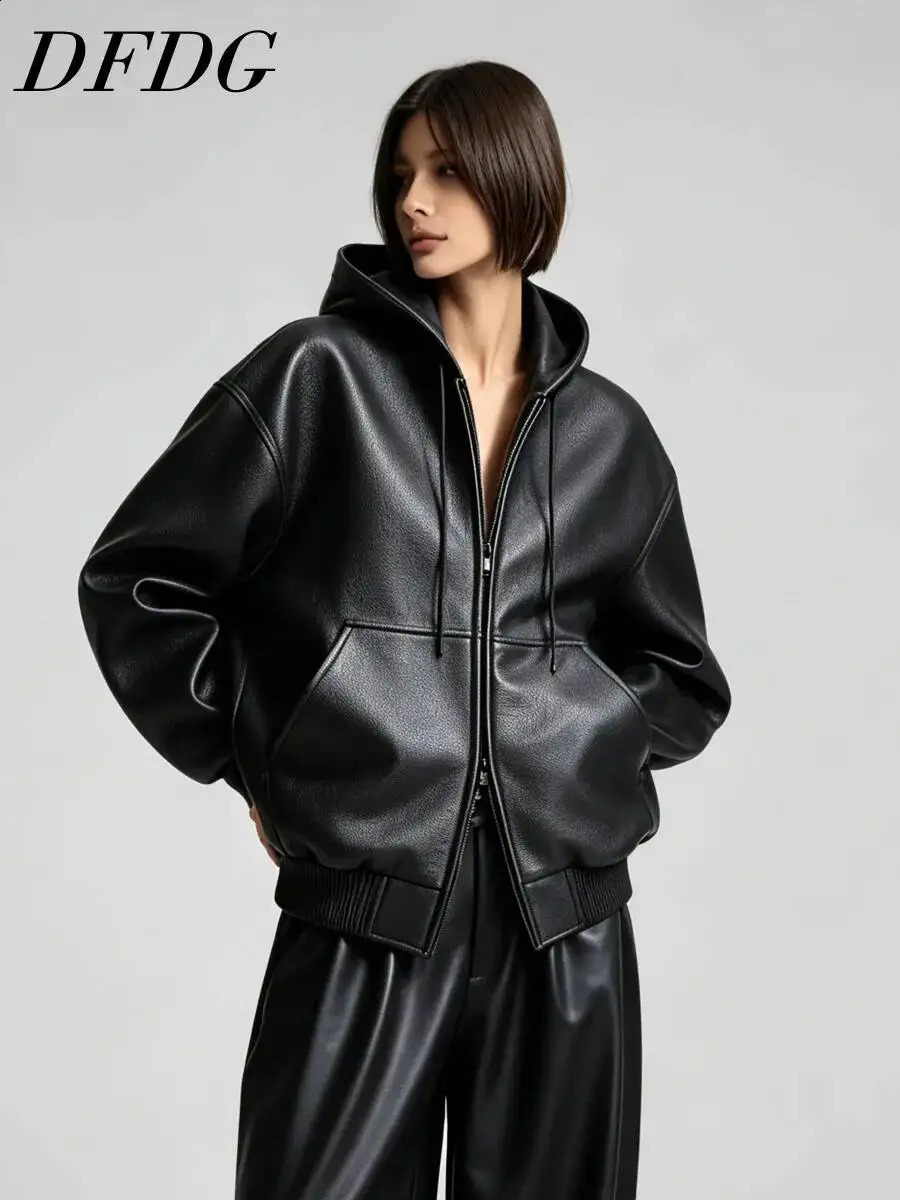 DFDG Women 2026 Spring Autumn Oversized Hooded Faux Leather Bomber Jacket Drawstring Hood Kangaroo Pocket Rib Hem Loose Coat 260918
