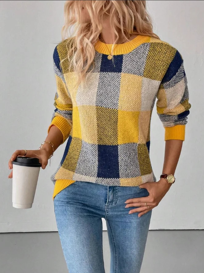 Ladies Elegant Knitted Sweater Long Sleeve Spring Autumn Top Abaya Plaid Unique Versatile Denim Pants Outfit 260917