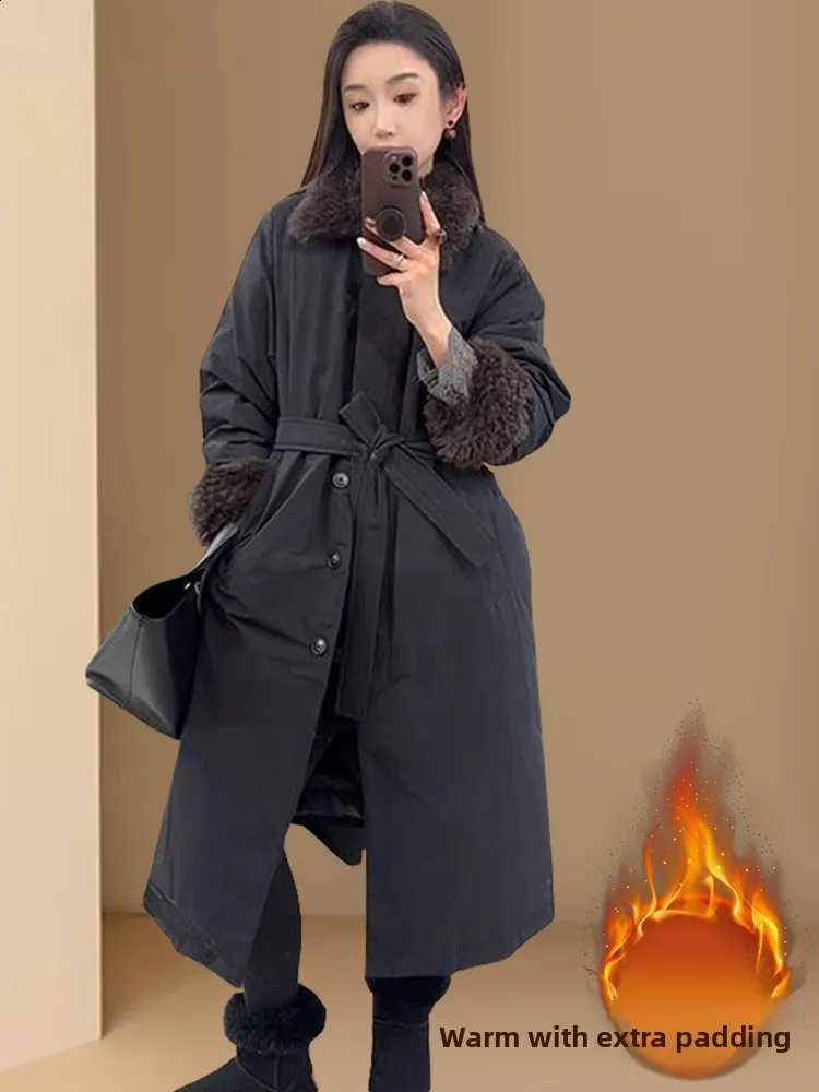 Women's Parka Coat with Fur Collar Belted Cotton Padded Medium Length Warm Trendy Korean Style Commute Thick Long Sleeve H260917