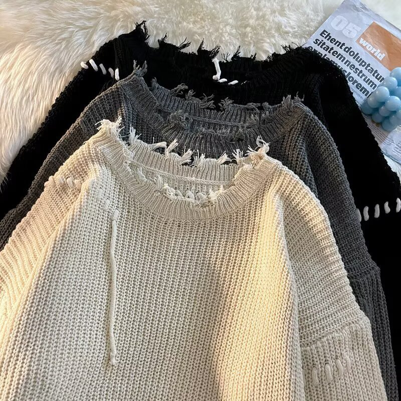 Hong Kong Style Trendy INS Unisex Autumn Winter Topstitching Vintage Ripped Neck Loose Versatile Warm Knitted Sweater