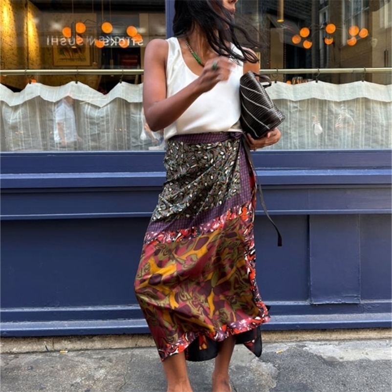 Women's Boho Printed Wrap Midi Skirt Selftie Satin Highwaist Split Loose Long Skirts 2026 Summer Holiday Street Clothes 260917