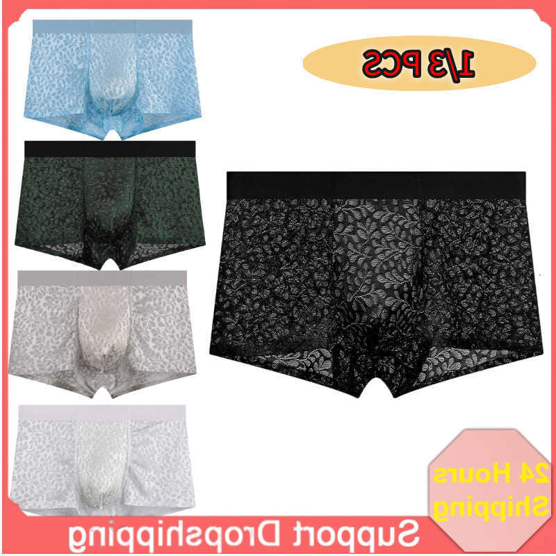 3 Pcs Men Ice Underpants Silk Mesh Boxer Briefs Summer UltraThin Breathable MidWaist UConvex Pouch QuickDry Plus Size Male Underpants D260918