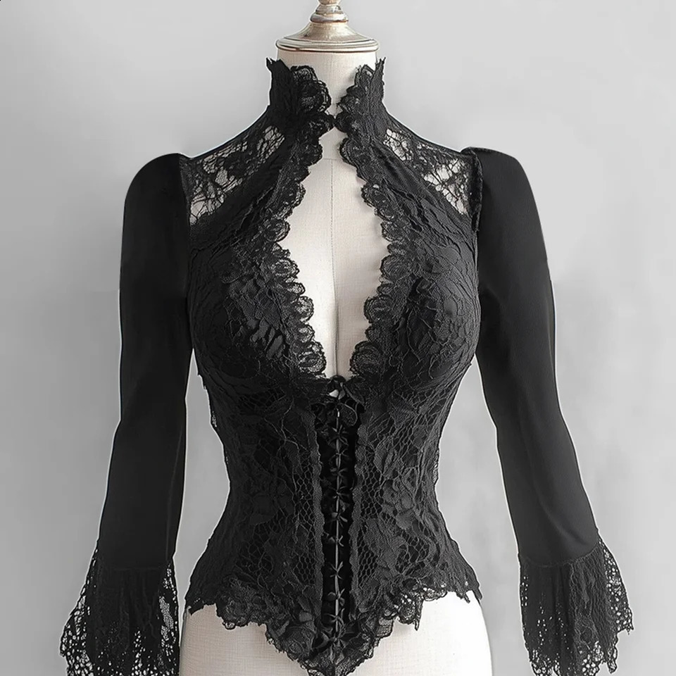 Goth Y2k Top Women Girls Black Slim Fit Elegant Court Lace See-Through Stand Collar Cut Out Flare Sleeve Shirt Blouse Tops 260917