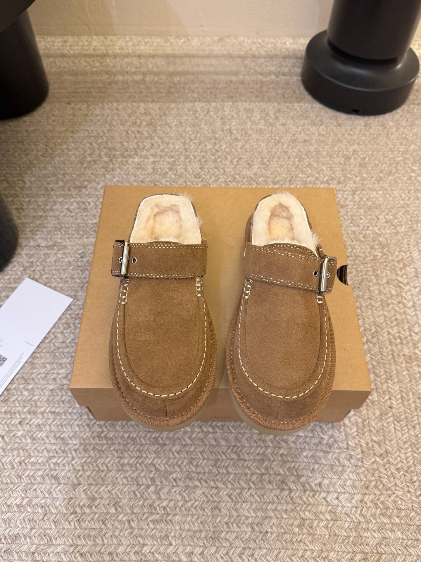 Ladies Warm Fleece Lined Mule Slippers Adjustable Metal Buckle Design Suede Upper Thick Non Slip Sole Winter Backless Shoes Daily Wear Indoor Outdoo