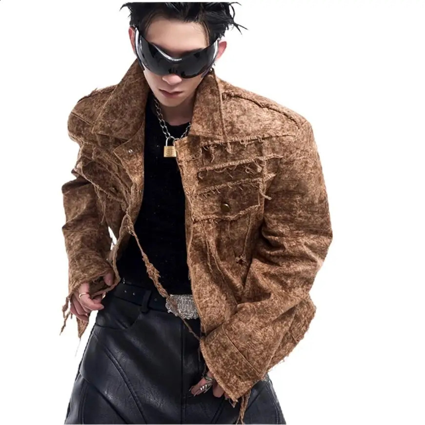 Elegant Solid Brown Coat Men Autumn High-End Jacket Loose Lapel Cotton Single Breasted Damaged Denim Coats 260917