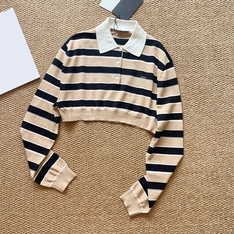 Stylish Women Preppy Polo Shirt Long Sleeve Half Button Striped Cropped Tee Spring Autumn Casual Outing Party Top