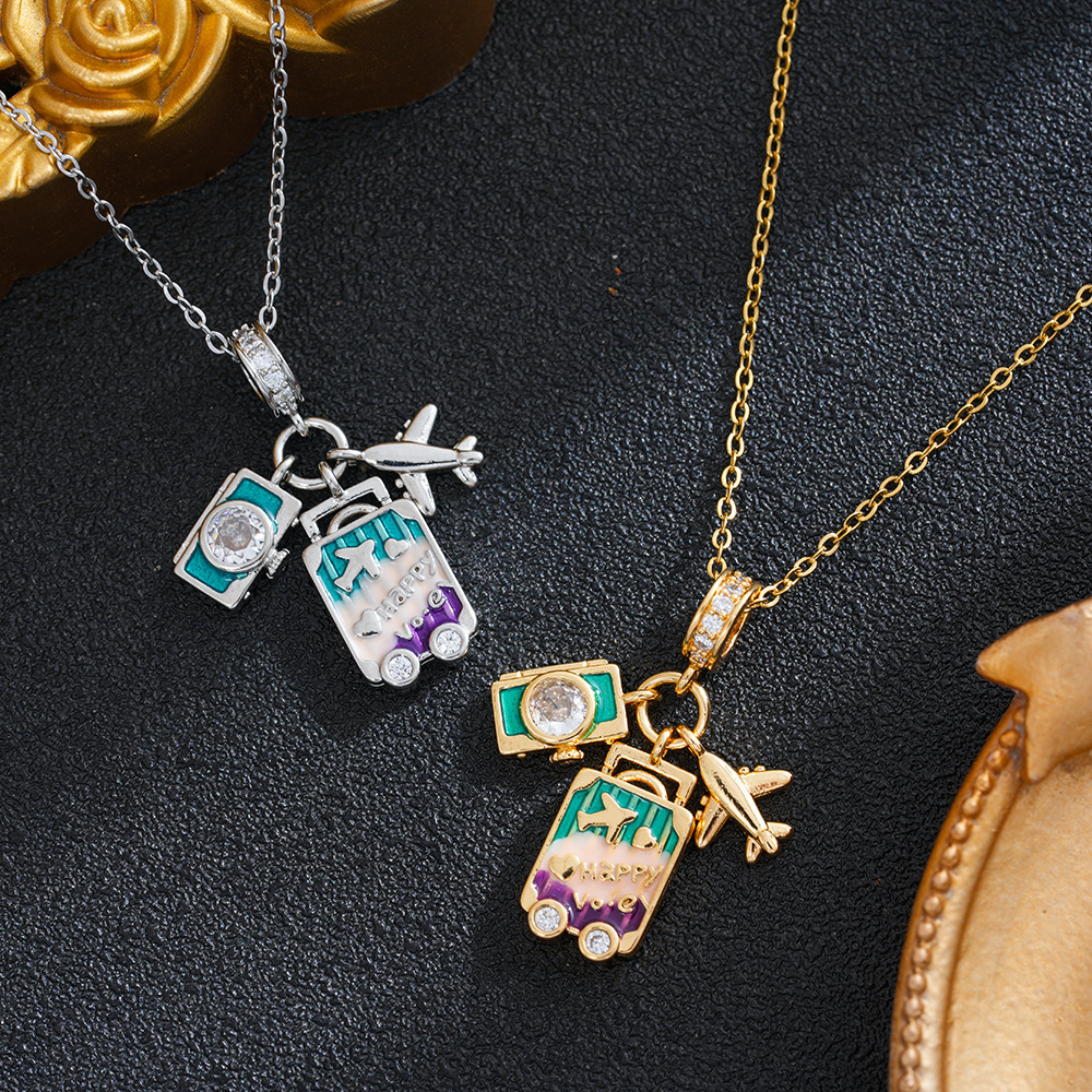 Japanese Korean style travel-themed copper necklace zircon inlays, versatile casual piece with a creative airplane and globe design, available for w
