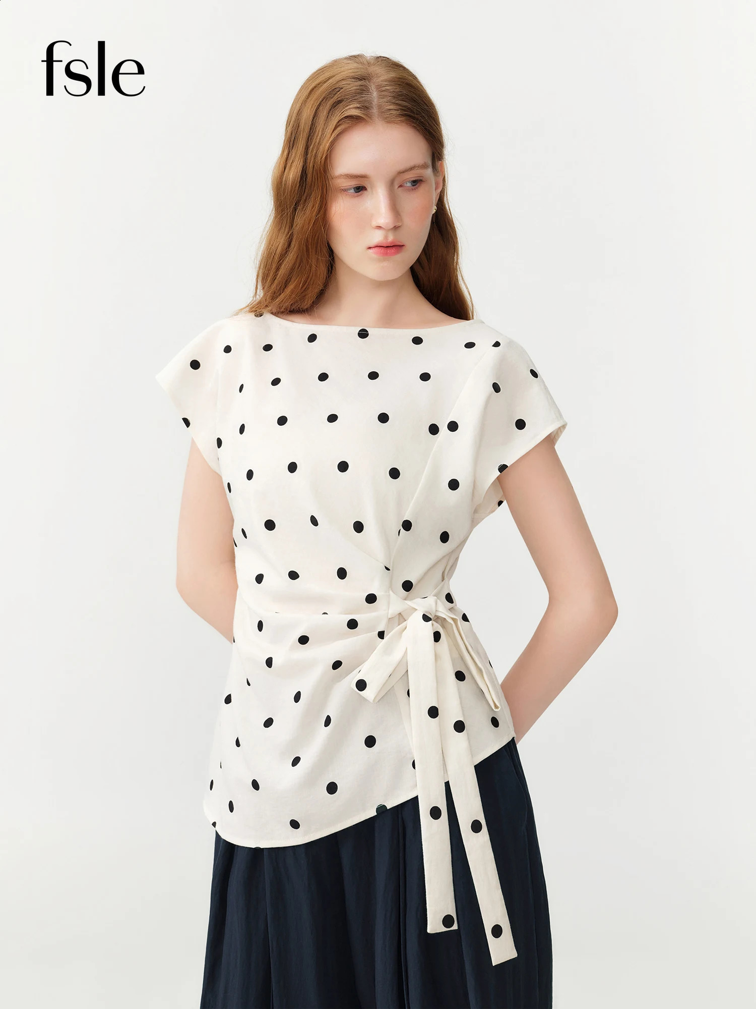 FSLE 2026 Summer Womens Slash Neck Tie-Waist Polka Dot Short Sleeves Blouse Front-Knot Shirt French Office Chic Coquette Style 260917