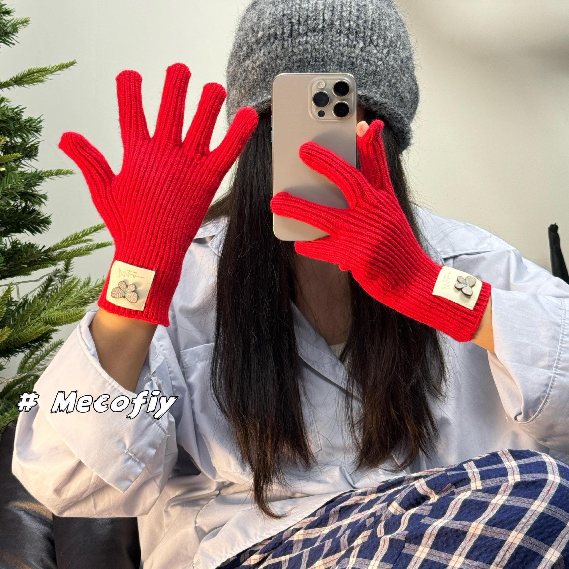Harajuku-style, popular on Xiaohongshu, Korean-style autumn winter warm solid-color knitted gloves, finger-separated design, touchscreen compatible,