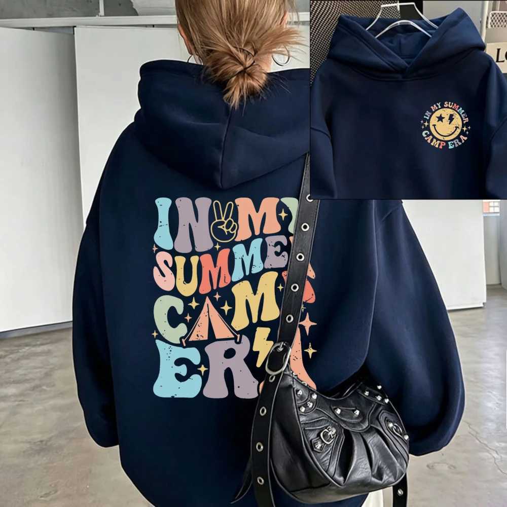 Women in My Summer Camper Retro Groovy Text Graphic Hoodie Front Back Print Happy Camp Face Pullover Hooded Vintage Sweatshirt S260918L378