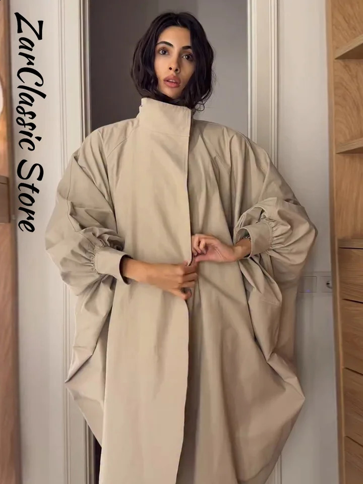 Elegant Oversize Women's Trench Coat Autumn Khaki Batwing Sleeve Stand Neck Long Windbreaker Casual Chic Clothing 2026 260917