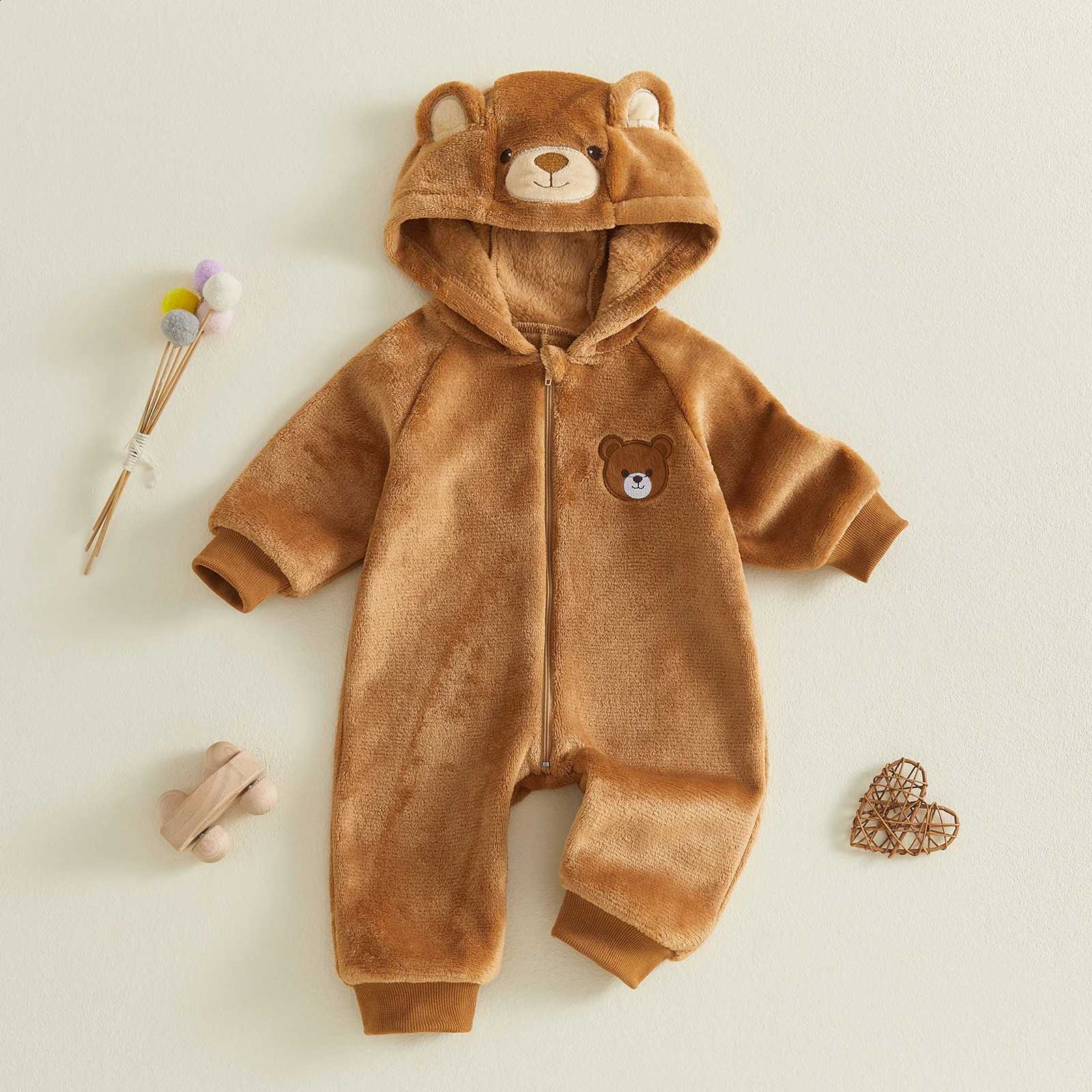 Infant Baby Girl Warm Winter Rpers Long Sle Hooded Cute Sherpa Fleece Plush Jumpsuit Outwear Baby SnowwearW260917
