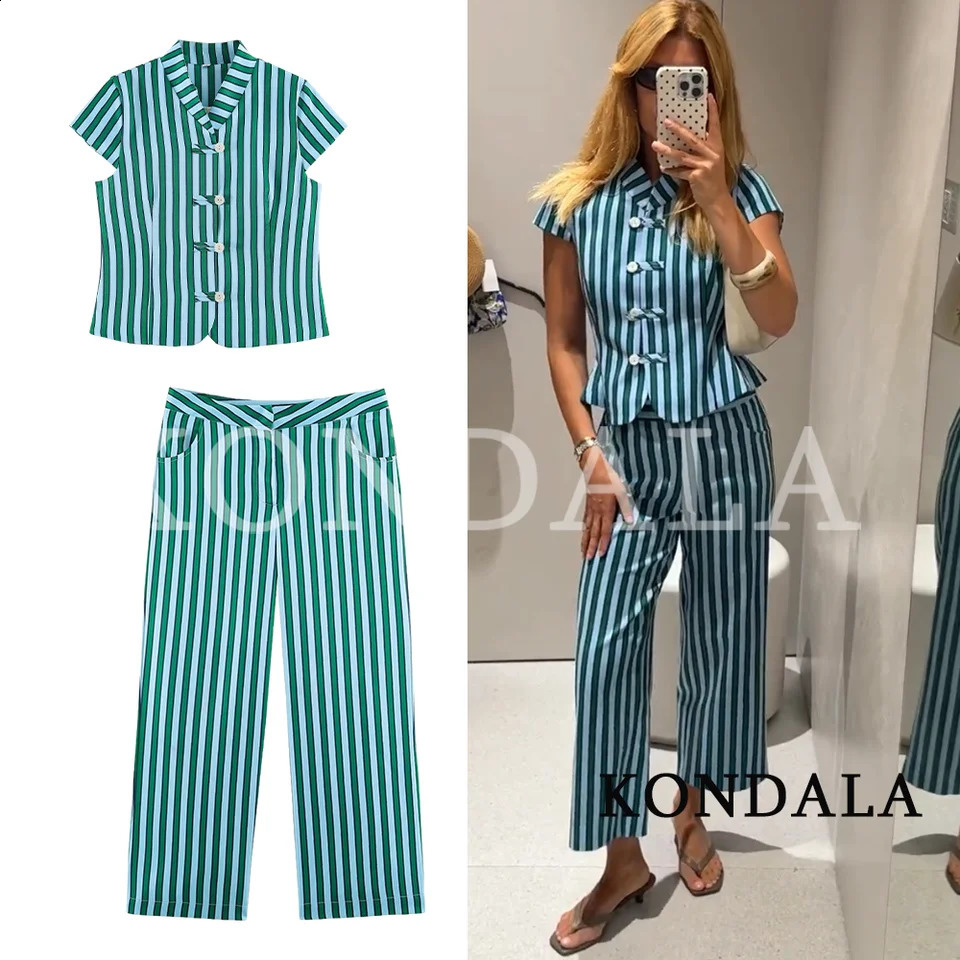 KONDALA Women Chic Striped Pants Set 2026 Summer Trendy High Street Holiday Set Elegant Leisure Rope Buttons Shirts Long Pants 260918