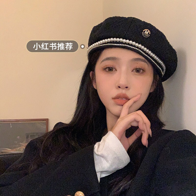 Luxury Cap Brand Designer Hat Stylish Chic Pearl Beret Women, Black, Trendy, -Inspired, Elegant, Korean Style, Suitable For Spring And Autumn