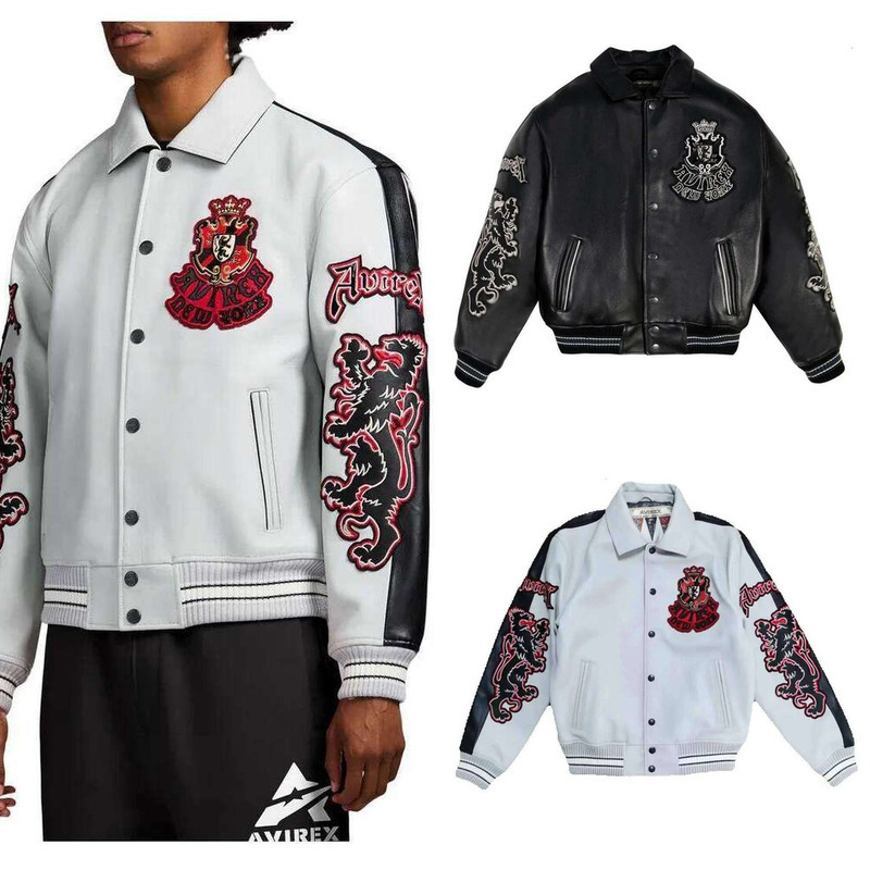 designer Avirex two-tone goth leather jacket New Arrival Men's Color-Block European with Embroidery Casual Genuine Leather Jacket 297