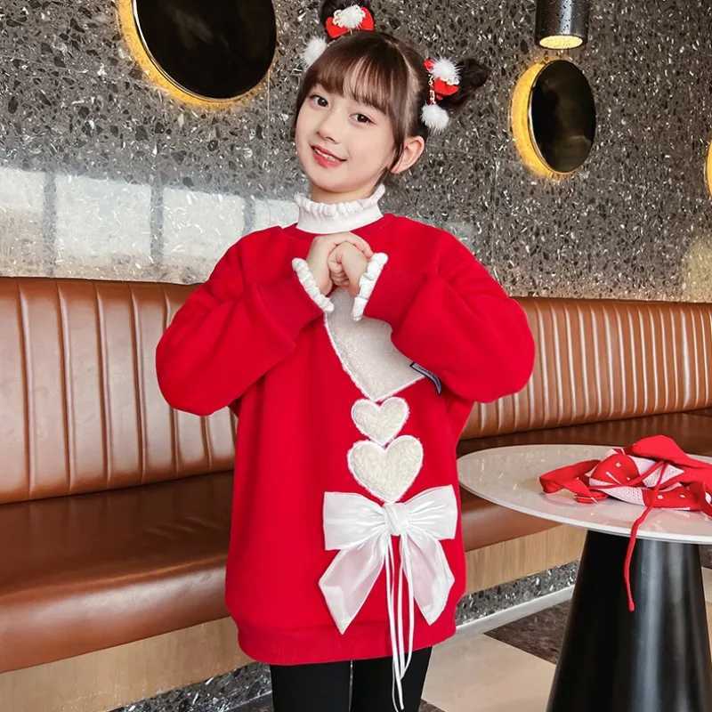 2025 New Autumn/Winter Red Girls' Festive Faux-two-piece Thicke Fleece Li Turtleneck Mid-Big Kids Sweatshirt TopW260917