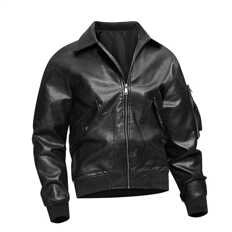 Mens Vintage Faux Leather Bomber Jacket Turn Down Collar Full Zip Pilot Coat Arm Zipper Pocket Casual Outerwear For Autumn 8A812 260917