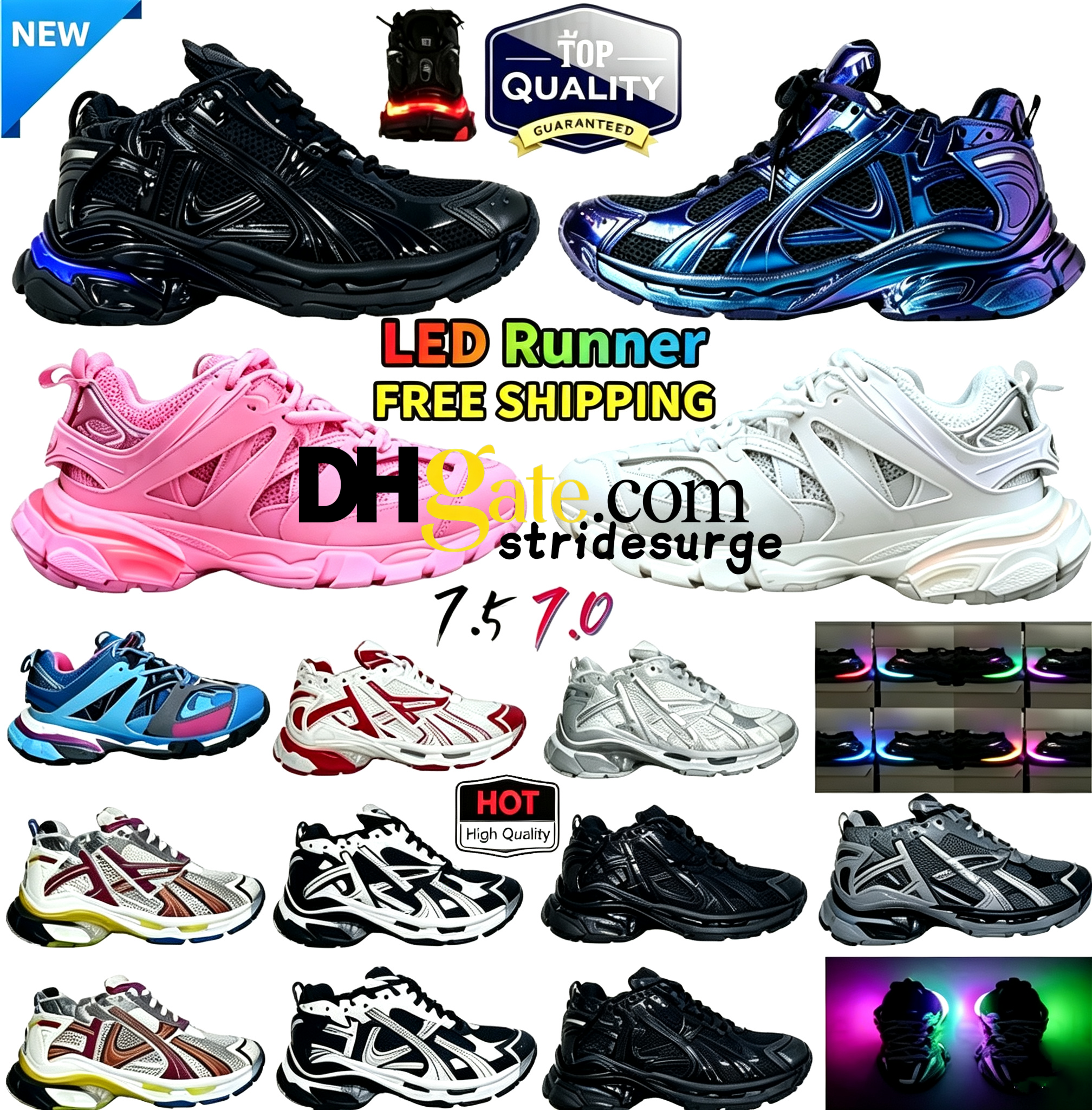 Top 3.0 7.0 7.5 Track LED Casual Runners Noir Blanc Violet Baskets Paris Transmit Sense Platform Multicolore Rose Bleu Gris Chaussures de course