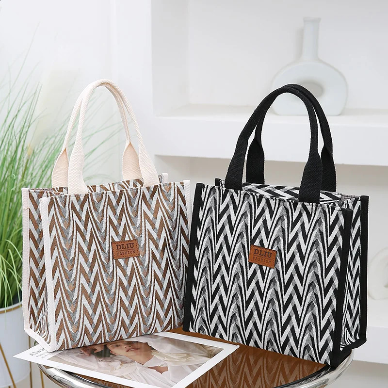 Chevron Pattern Canvas Tote Bag Retro Letter Patch Decor Handbag Women's Causal Shopper Commuter Bag 260917