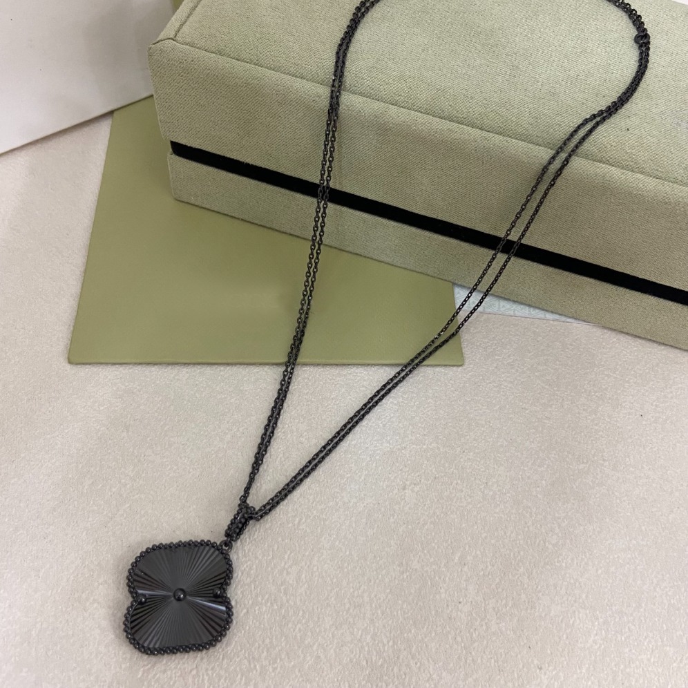 Designer Black Clover Pendant Necklace Gunmetal Plated Textured Sparkling Elegant Women Fashion Jewelry for Daily Office Party Wear