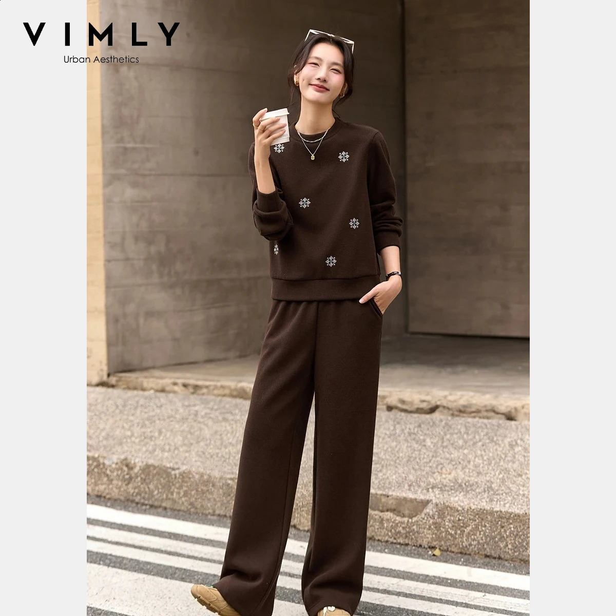 VIMLY Two Pieces Set Woman Winter 2026 Casual Embroidery Sweatshirt Wide Leg Pants Fleece Lined Knitted Women Clothes Sets A3288 260917