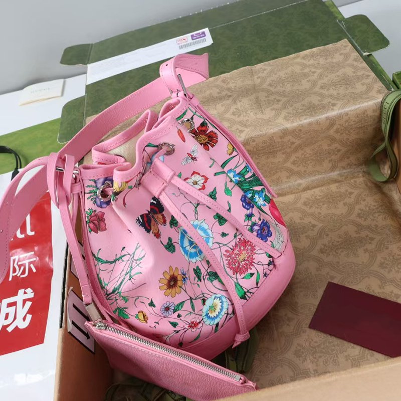 12A Designer Fashion Luxury Women Floral Print Bucket Bag Pink Drawstring Crossbody Bucket Purse with Detachable Small Pouch Elegant Shoulder Handba