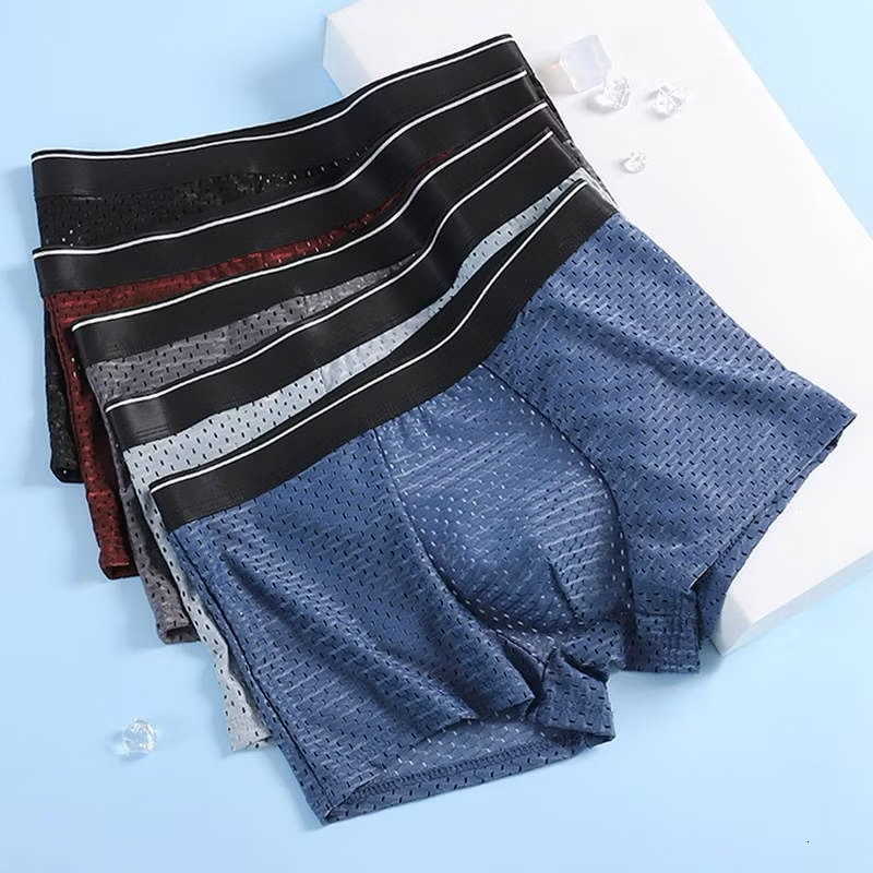Boxer Underpants 4PcsMen's Underwear Men Shorts Ice Silk Mesh Boxer Shorts Summer Sexy Breathable Antibacterial Underpants Plus Size XL-6XL D26