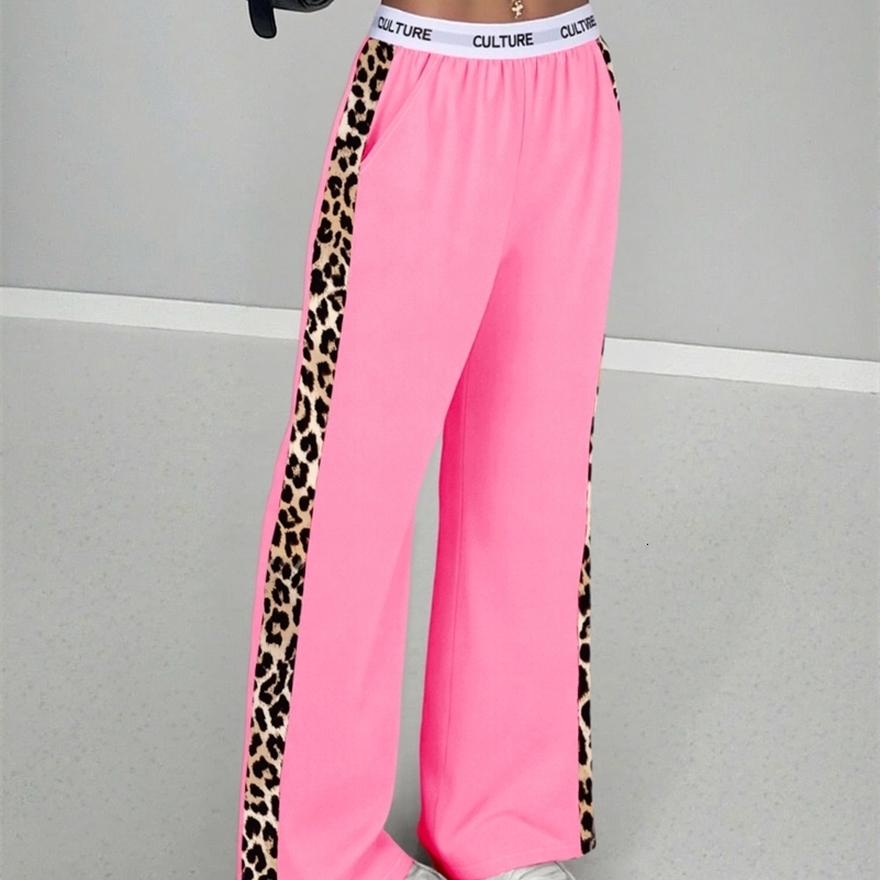 2026 Women Leopard Print Side Stripe Wide Leg Pants Casual High Waist Letter Waistband Loose Trousers Streetwear 260826