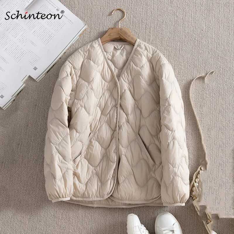 Schinteon Women Ultralight White Duck Down Jacket Argyle V-neck Collar Casual Autumn Winter Outwear Coat 2024 New Fashion H260917