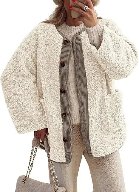 Europe and The United States Solid Color Lamb Wool Casual Single Breasted Splicing Long Sleeve Plush Jacket with Pocket Women 260917