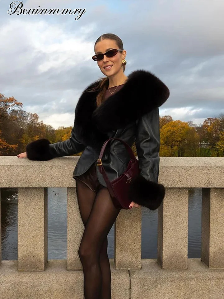 Black Faux Fur Collar Leather Jacket Elegant Lapel Vneck Waist Cinching Longsleeved Short Coats Lady Winter Commute Outerwear 260918