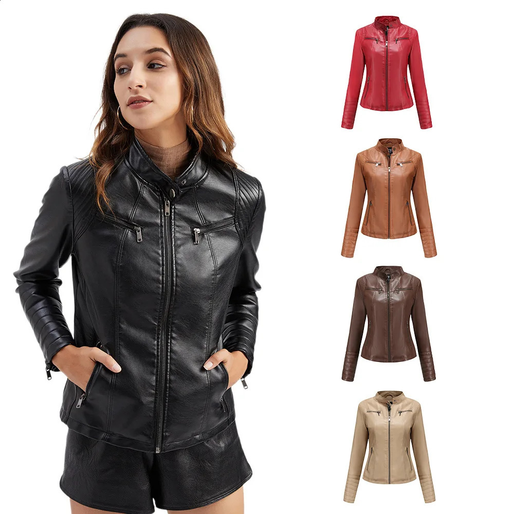 2026 Womens Slim Leather Jacket Standup Collar Zipper Stitching Monochromatic PU Coat Fashion Clothing. 260918