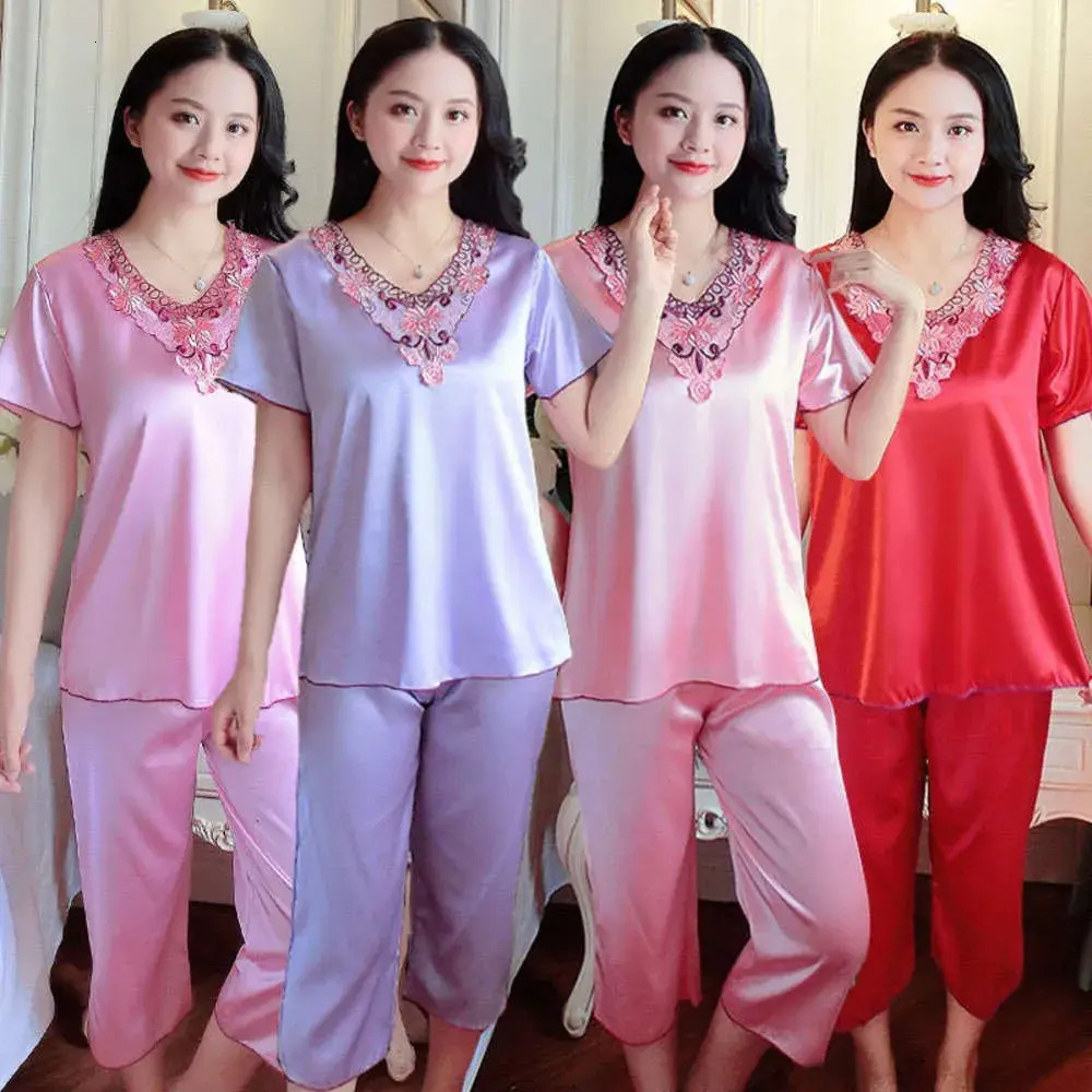 Women Pajamas Ice Silk Pamas Women's Short Sleeve Capris loungewear Large Size Suit Noble Sleepwear Nightwear Bu Tidur Sleepwear 6ec