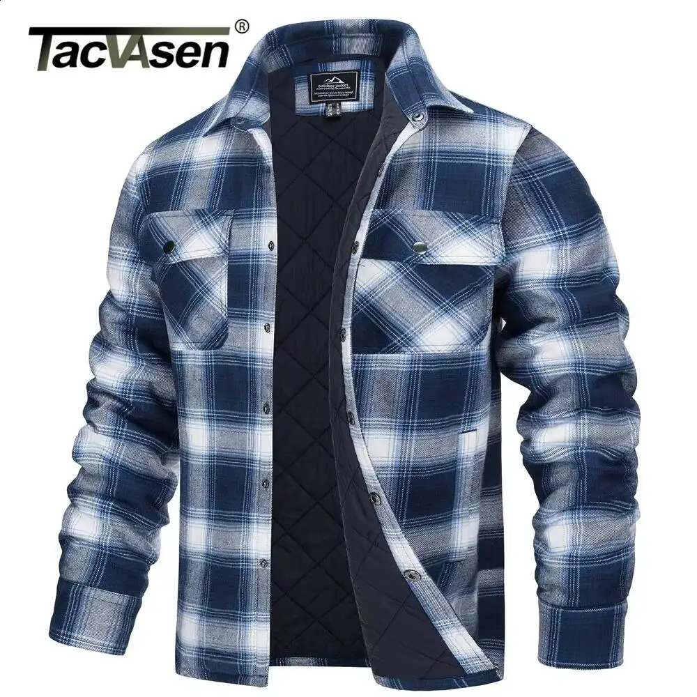 TACVASEN Winter Plaid Cotton Jackets Mens Long Sleeve Quilted Lined Flannel Shirt Jacket Multi-Pockets Outwear Hiking Coats Tops 260917