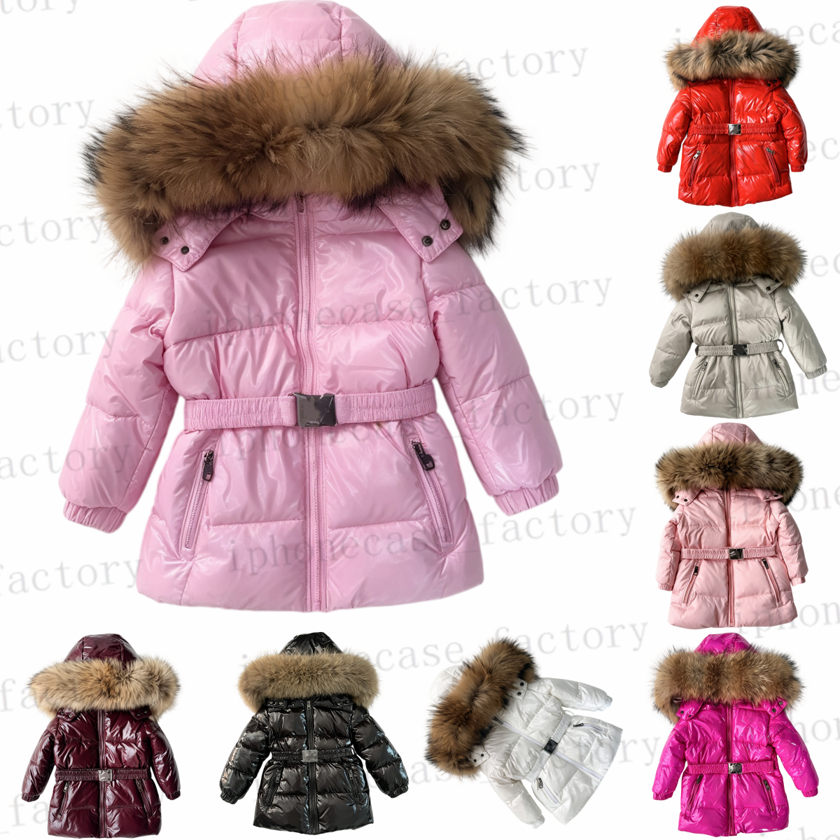 Winter fashion children's down jacket with leather collar and fashionable belt design 100% down filling girls' multi-color outdoors windpr