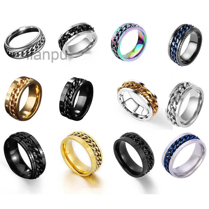 Hop Minimalist Punk Hip Men Stainless Steel Rotatable Chain ring designer rings for men Couple mens ring gold Silver black Casual Ins fashion jewelr